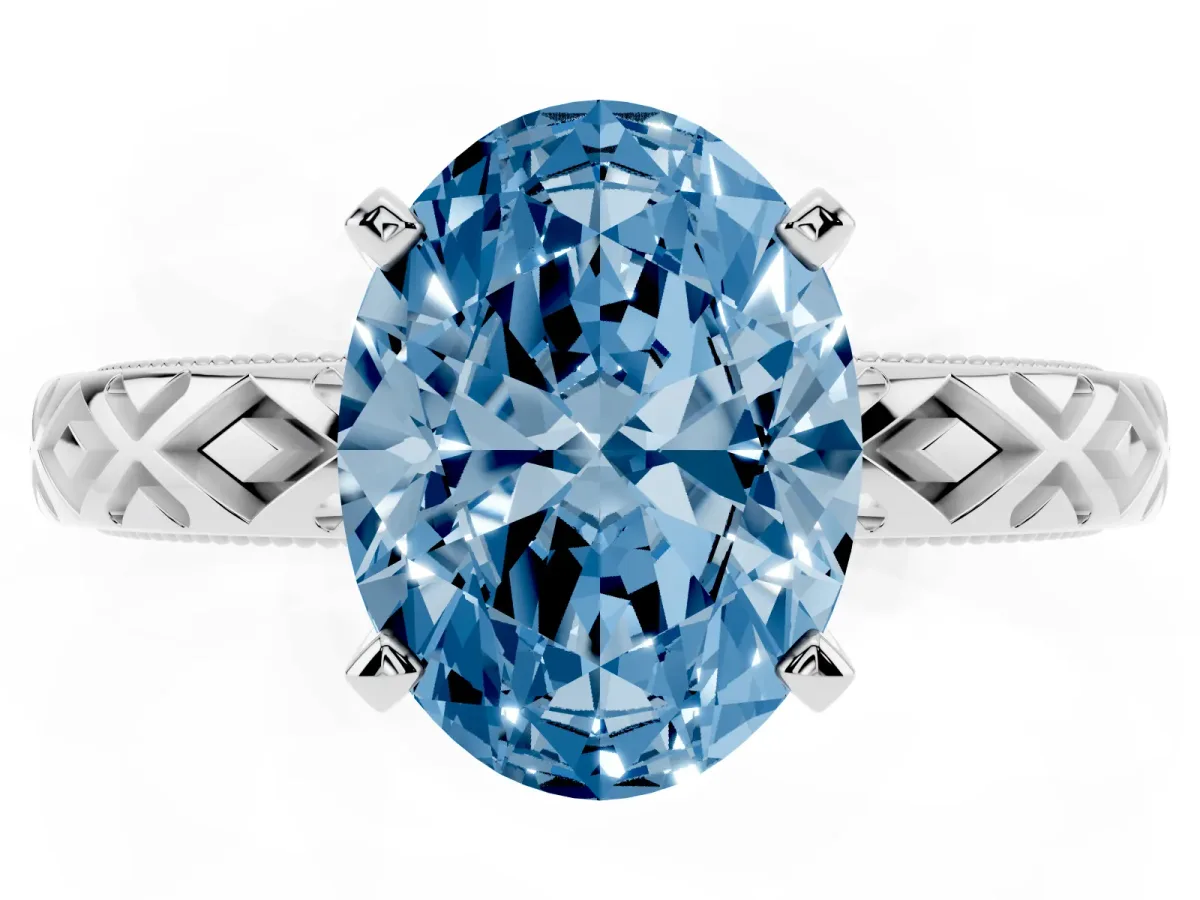 Fancy Blue Oval Cut Solitaire Diamond Ring with Milgrain and Black Enamel X Pattern Band Platinum