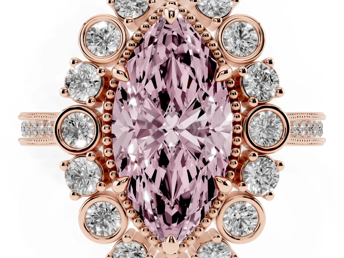 Fancy Pink Marquise Cut Halo Milgrain Pave Diamond Ring with Four-Prong Setting Rose gold