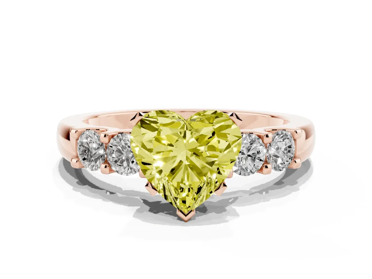 Fancy Yellow Heart Cut Brilliant Cut Diamond Five-Stone Prong Set Engagement Ring with Channel Band Rose gold