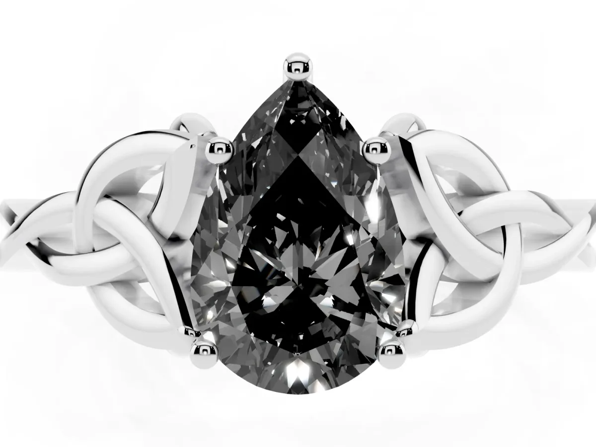 Fancy Black Pear Cut Diamond Solitaire Engagement Ring with Celtic Knot Band and Four-Prong Setting Silver