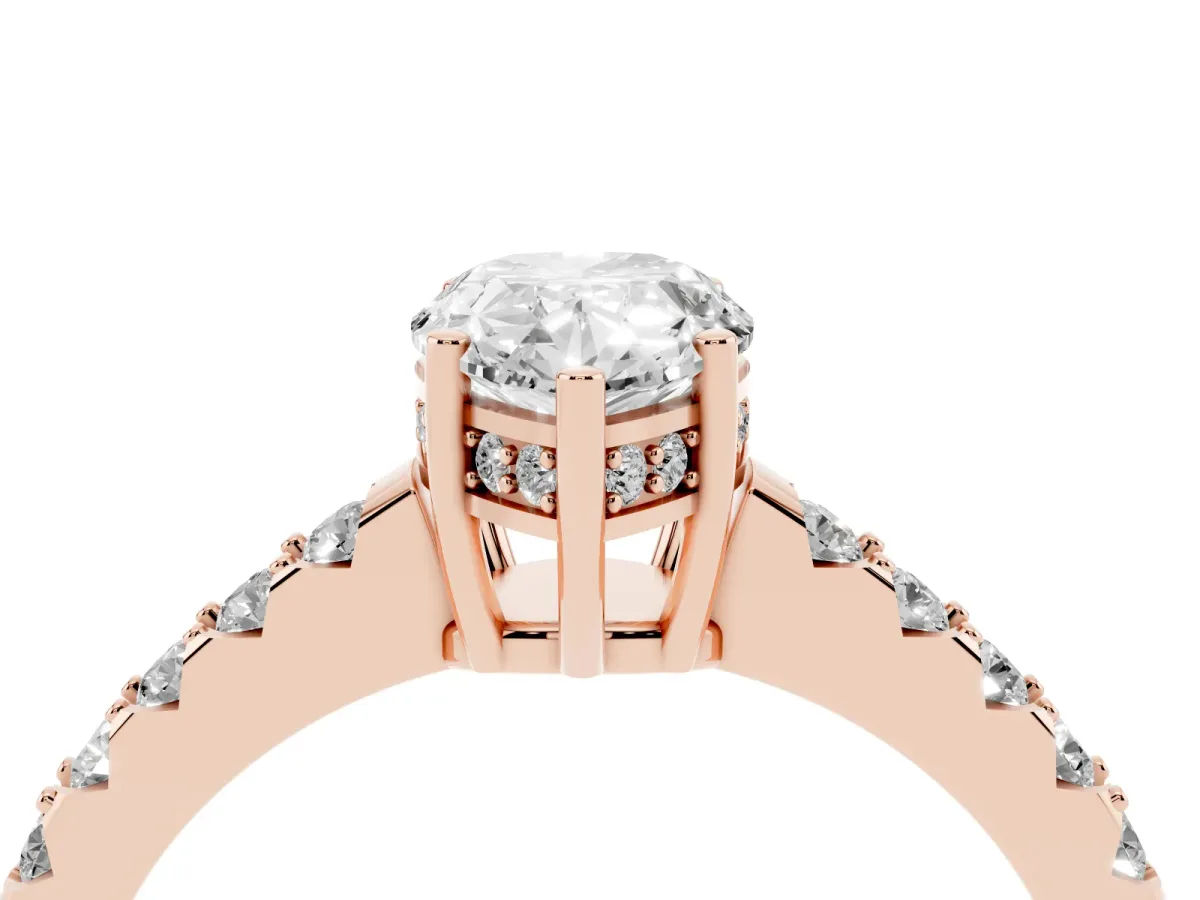 Pear Cut Solitaire Diamond Engagement Ring with Pavé Band and Six-Prong Setting Rose gold