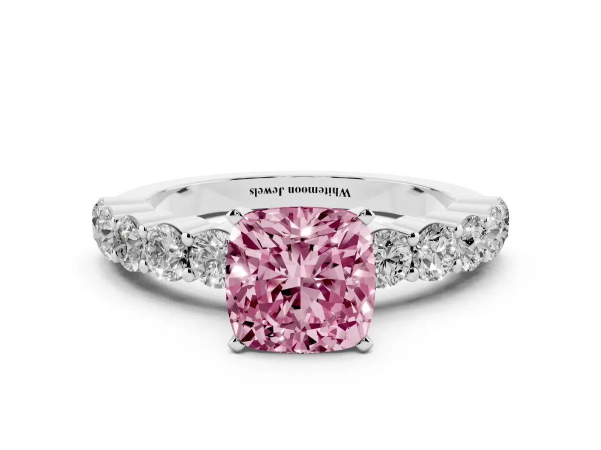 Fancy Pink Cushion Cut Diamond Solitaire Ring with Shared Prong Round Side Stones Silver