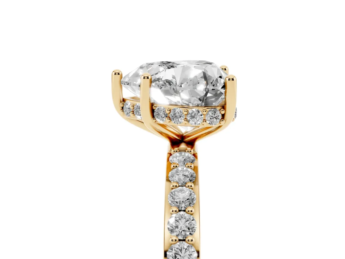 Heart Cut Diamond Solitaire Ring with Pavé Band and Hidden Halo Yellow gold