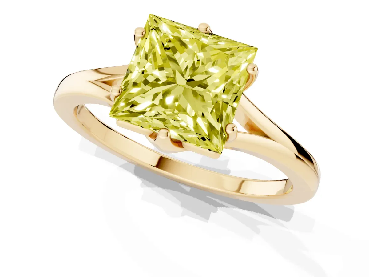 Fancy Yellow Princess Cut Solitaire Diamond Ring with Six-Prong Setting and Tapered Band Yellow gold
