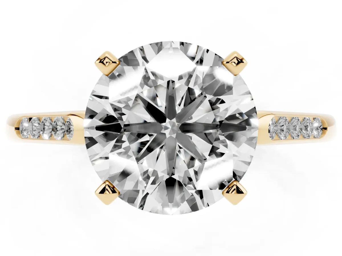 Round Cut Diamond Solitaire Ring with Channel Set Round Band and Prong Setting Yellow gold
