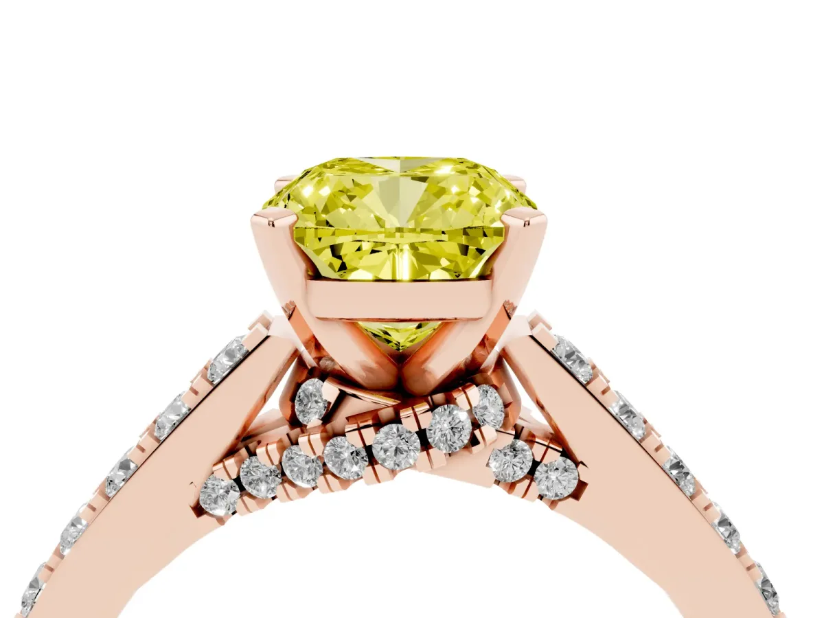 Fancy Yellow Cushion Cut Diamond Solitaire Ring with Crossover Gallery and Round Pavé Band Rose gold