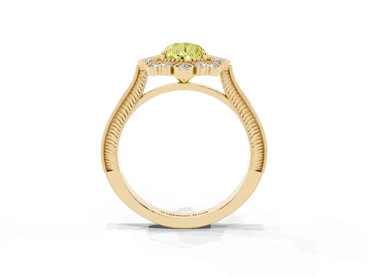 Fancy Yellow Pear Cut Halo Milgrain Pave Diamond Ring with Four-Prong Setting Yellow gold