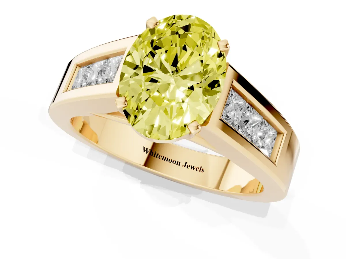 Fancy Yellow Oval Cut Cut Channel Set Solitaire Ring with Four-Prong Setting Yellow gold
