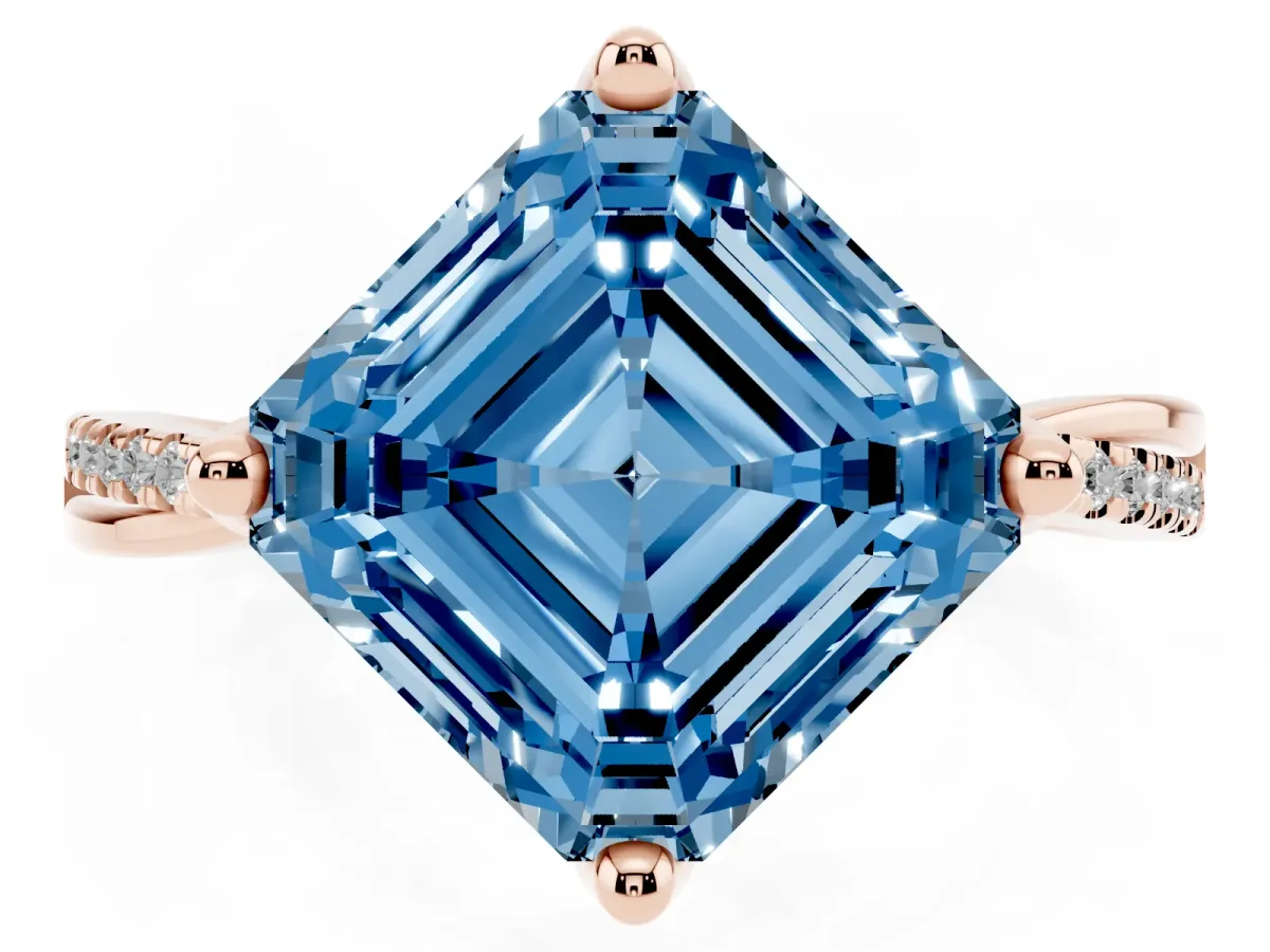 Fancy Blue Asscher Cut Solitaire Twist Band with Pavé Diamonds and Four-Prong Setting Rose gold