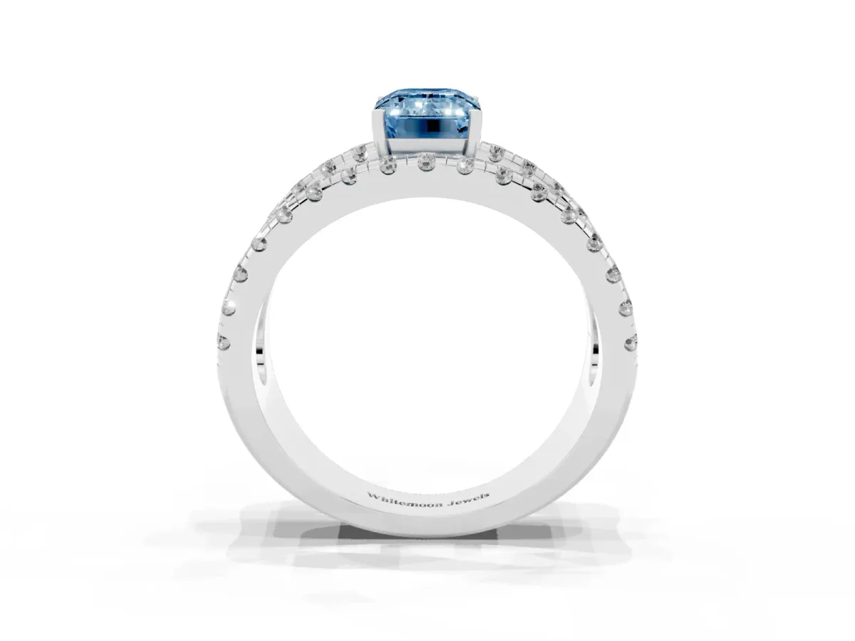 Fancy Blue Emerald Cut Solitaire Split Shank Pave Diamond Ring Silver