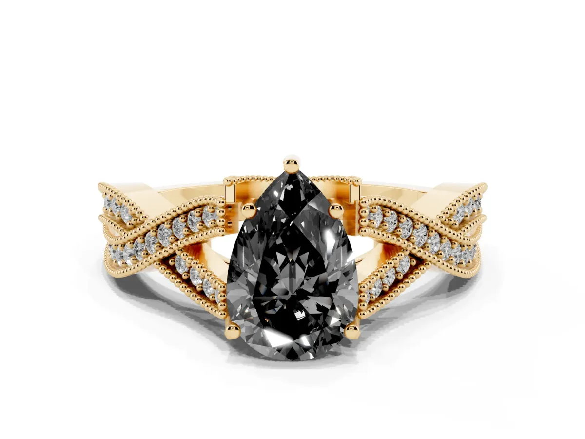 Fancy Black Pear Cut Cut Diamond Twisted Band with Milgrain Pave Setting and Four-Prong Setting Yellow gold