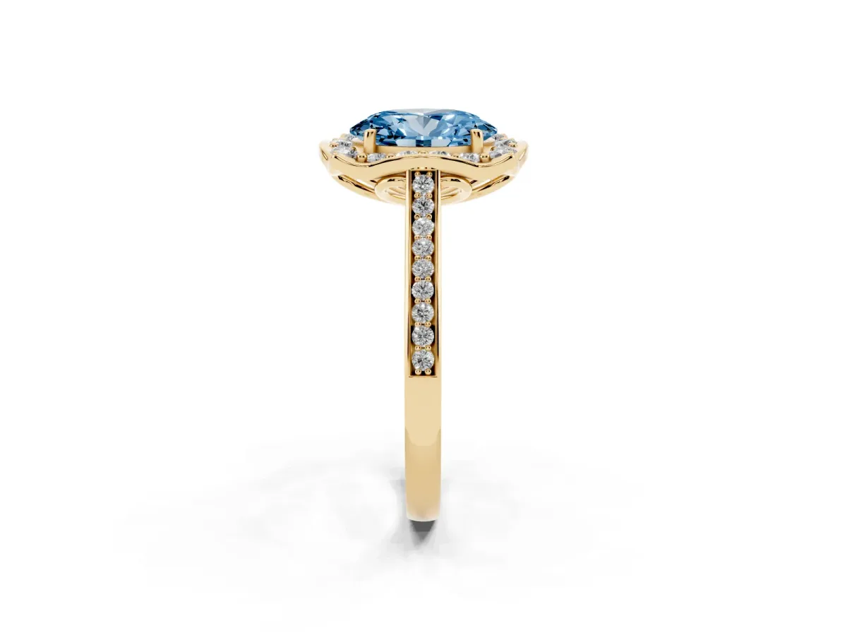 Fancy Blue Oval Cut Halo Round Diamond Pave Band with Four-Prong Setting Yellow gold