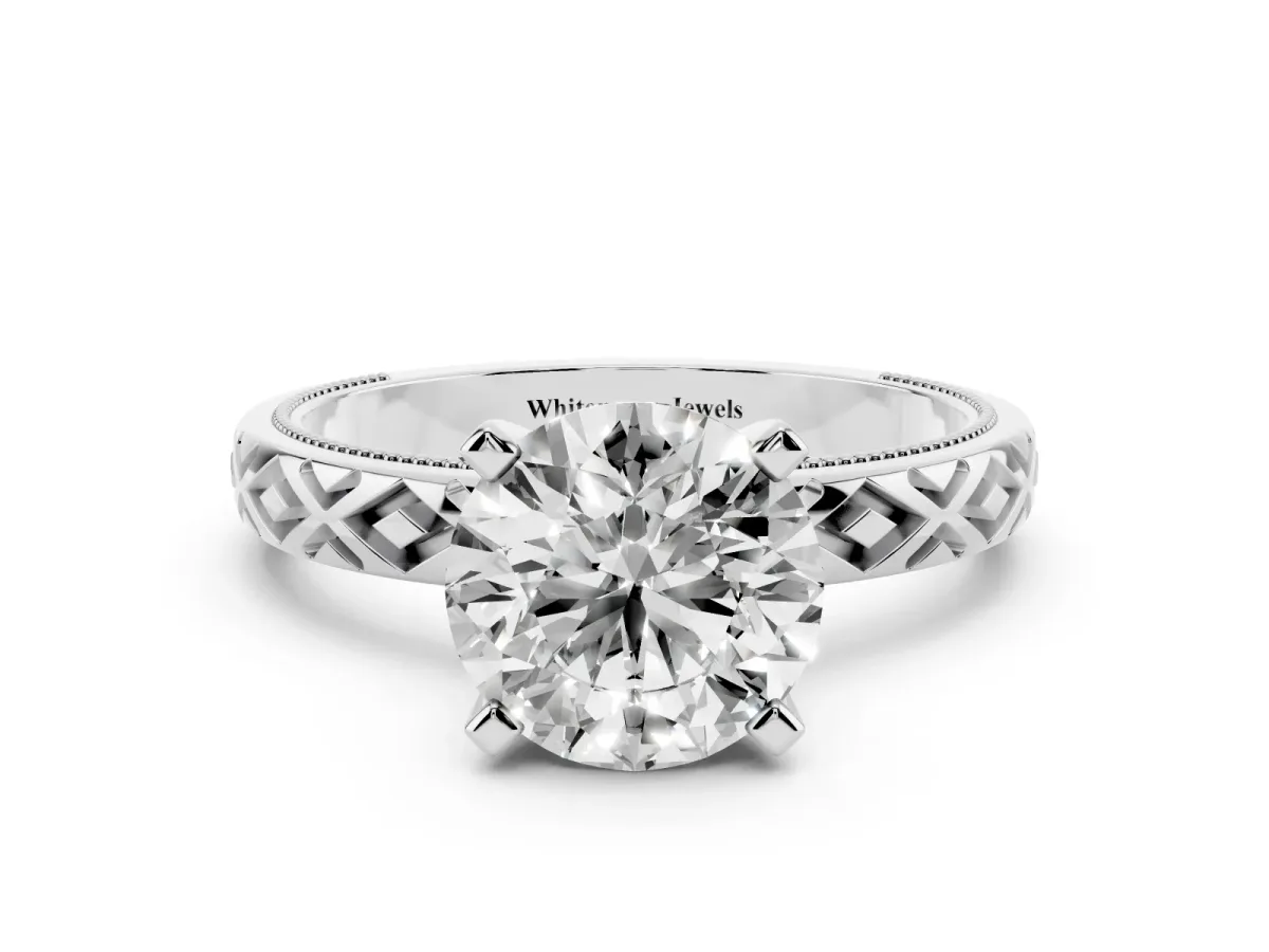 Round Cut Solitaire Diamond Ring with Milgrain and Black Enamel X Pattern Band Silver