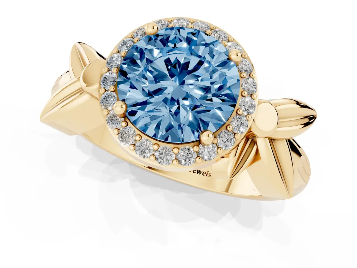 Fancy Blue Round Cut Halo Diamond Floral Band with Four-Prong Setting Yellow gold