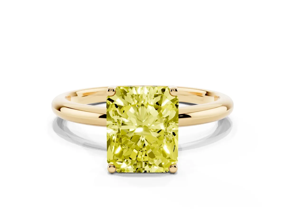 Fancy Yellow Radiant Cut Cut Solitaire Engagement Ring with Four-Prong Setting and Classic Band Yellow gold