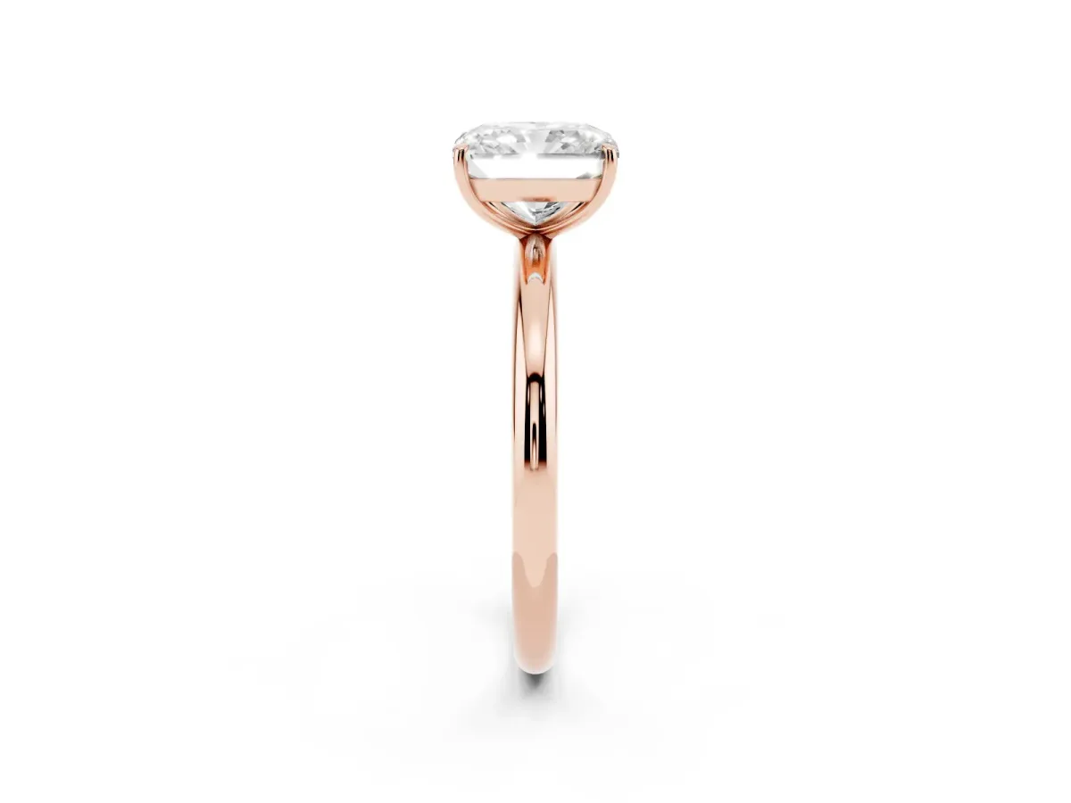 Radiant Cut Solitaire Diamond Ring with Four-Prong Setting on a Plain Band Rose gold