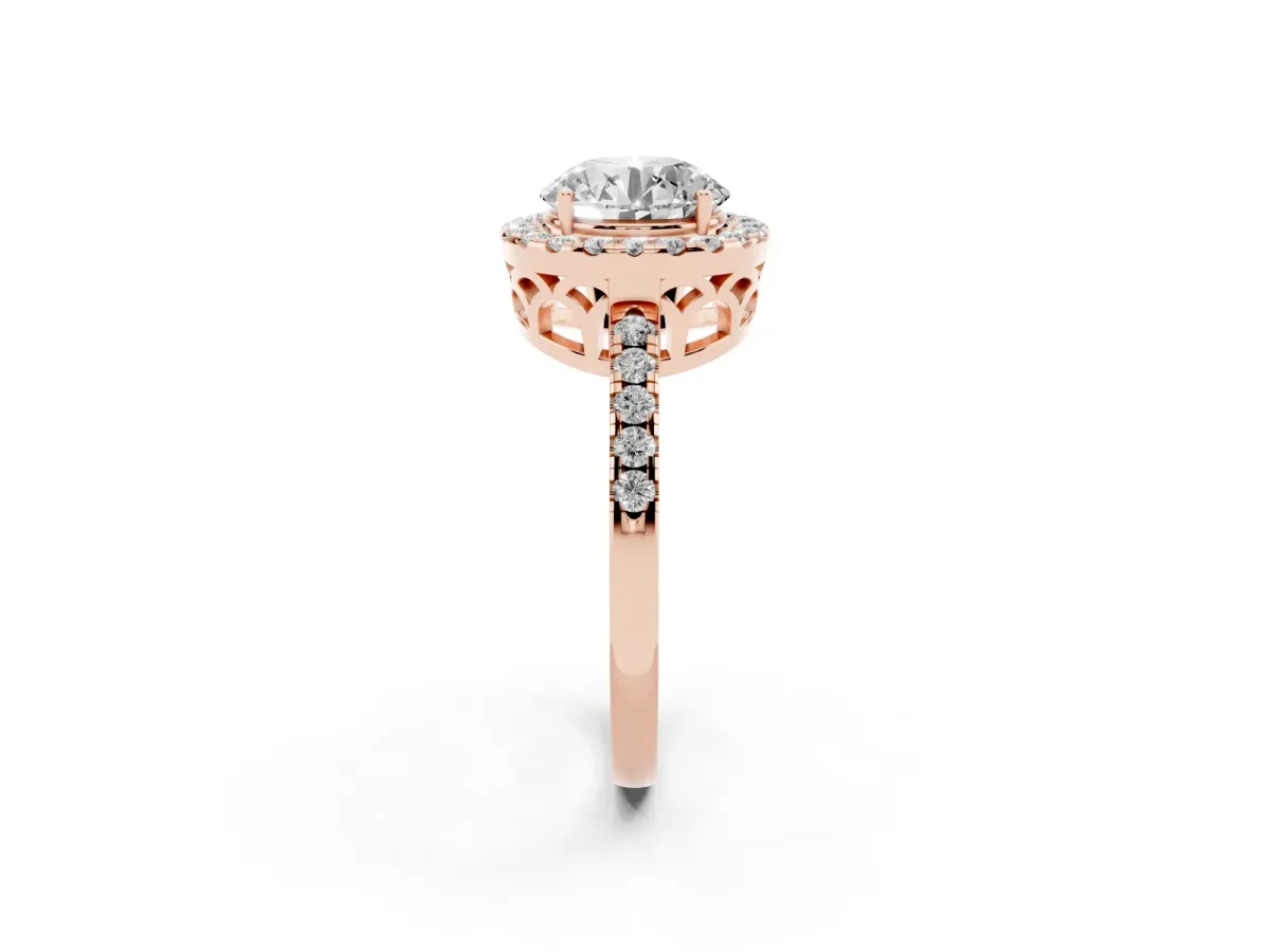 Round Cut Halo Diamond Engagement Ring with Pavé Band and Four-Prong Setting Rose gold