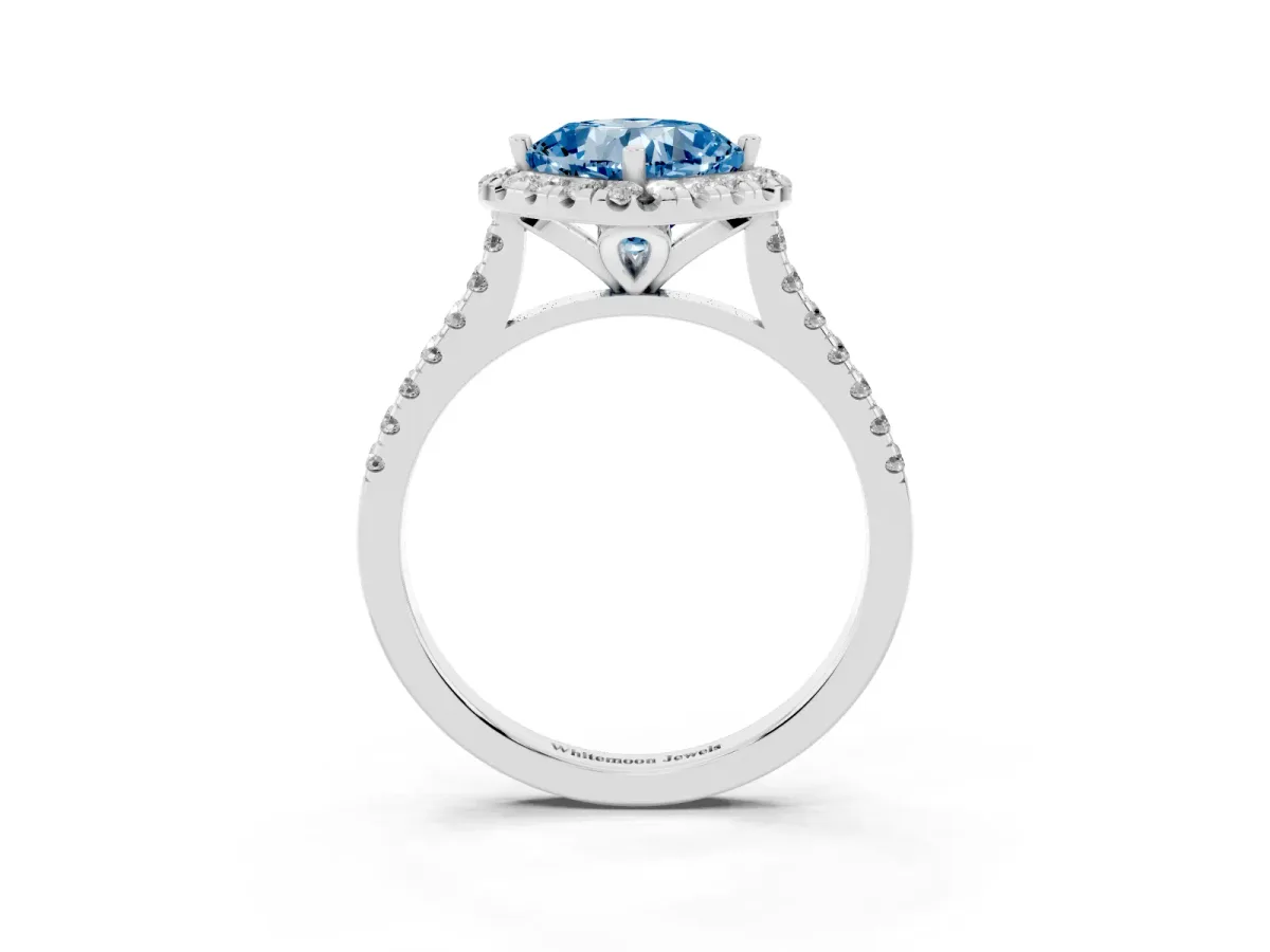 Fancy Blue Cushion Cut Diamond Cushion Halo Ring with Pavé Band Platinum