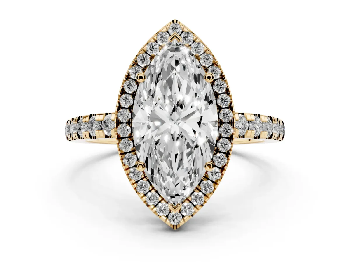 Marquise Cut Diamond Halo Ring with Pavé Band and Four-Prong Setting Yellow gold