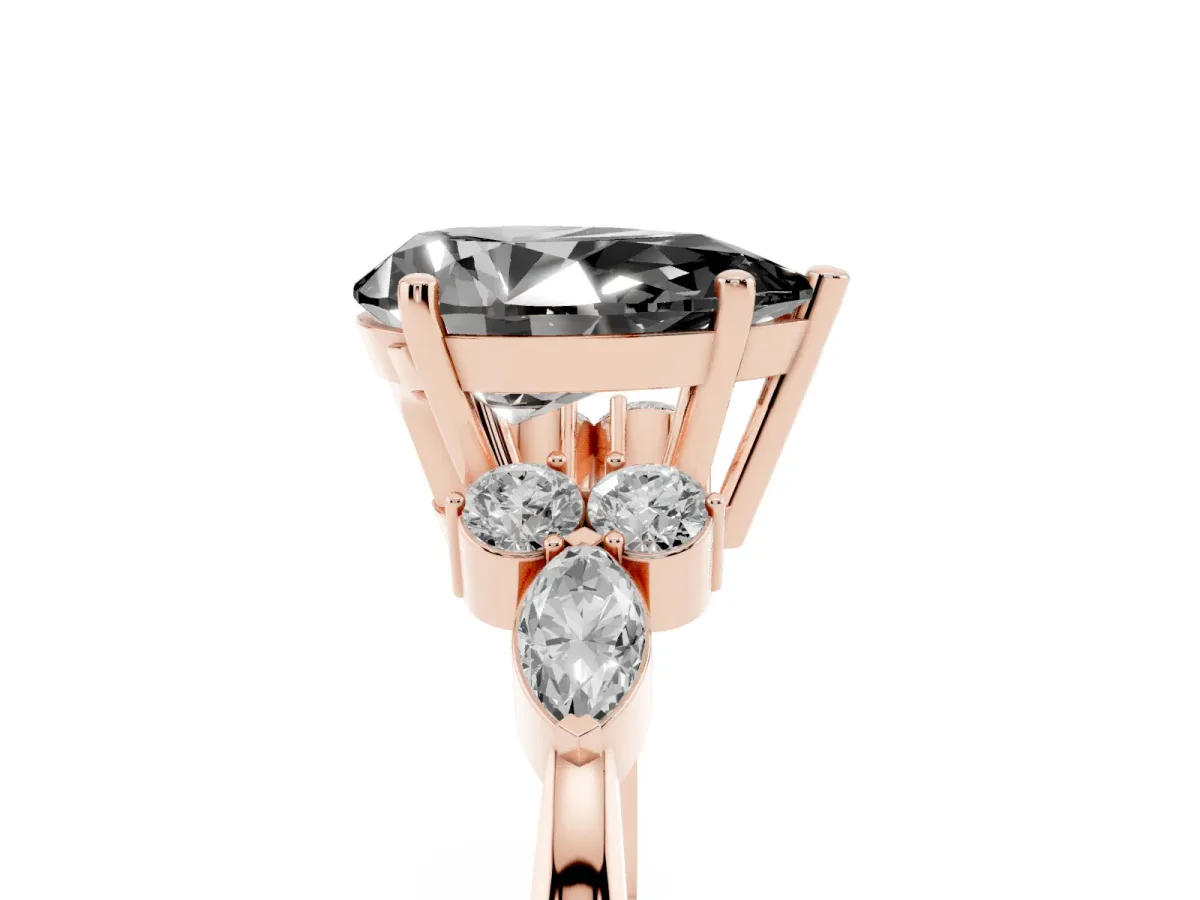 Fancy Black Pear Cut Brilliant Diamond Solitaire Ring with Pear Side Stones and Four-Prong Setting Rose gold