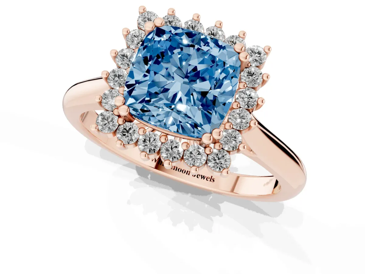 Fancy Blue Cushion Cut Cut Diamond Halo Ring with Solitaire Band and Prong Setting Rose gold
