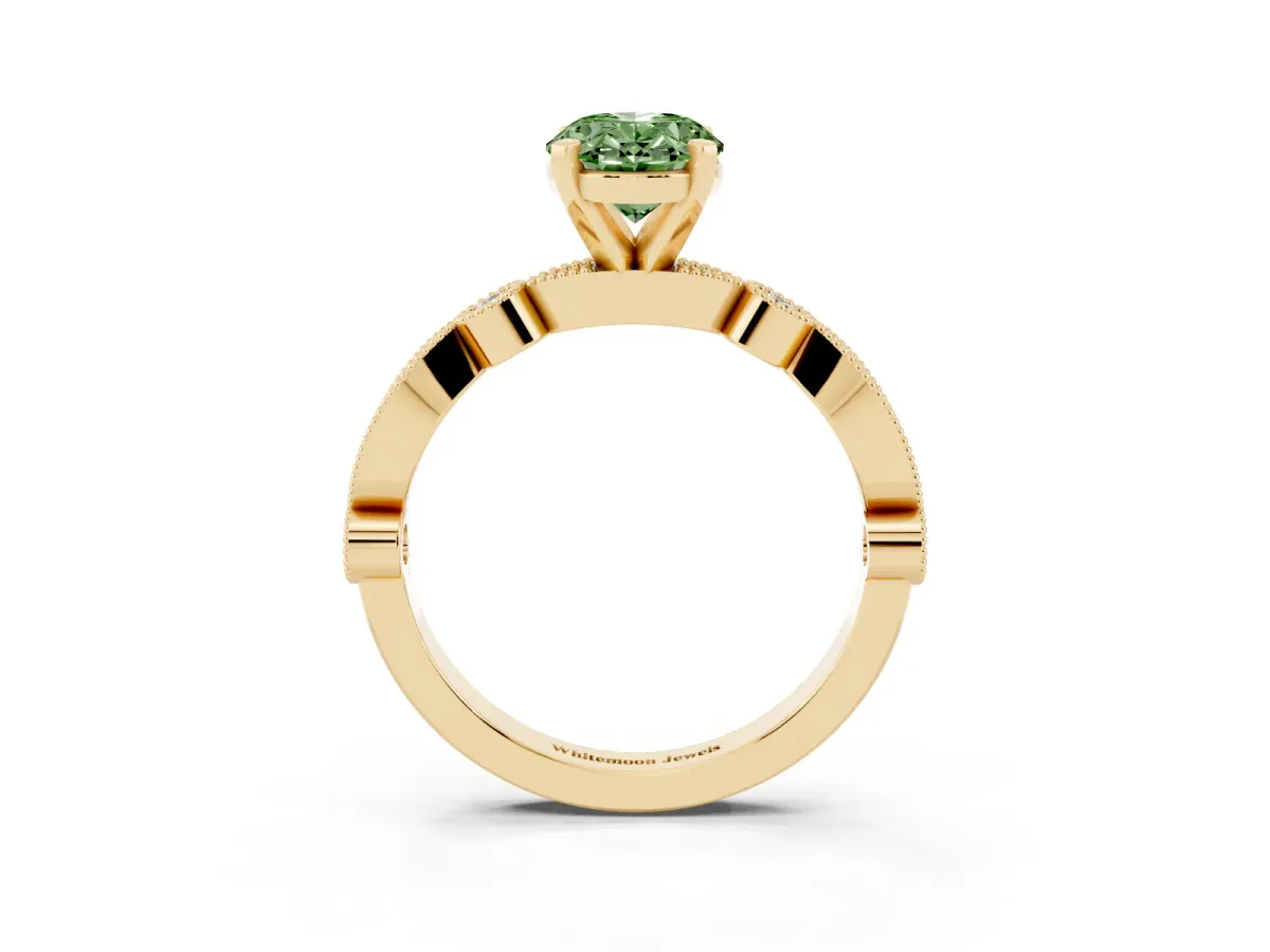 Fancy Green Oval Cut Milgrain Bezel Diamond Engagement Ring with Solitaire Prong Setting Yellow gold