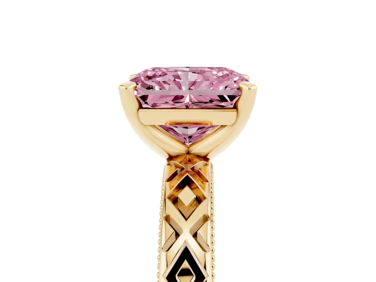 Fancy Pink Radiant Cut Solitaire Diamond Ring with Milgrain and Black Enamel X Pattern Band Yellow gold