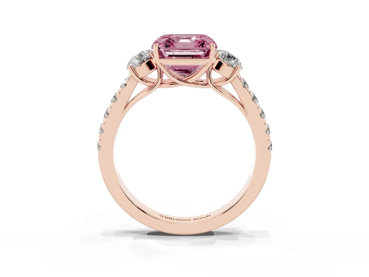 Fancy Pink Asscher Cut Cut Diamond Three-Stone Ring with Round Side Stones and Pavé Band Rose gold
