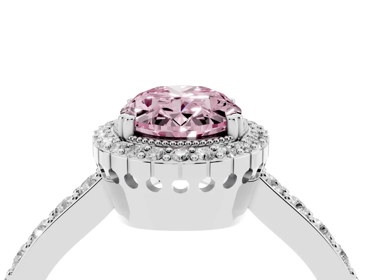 Fancy Pink Oval Cut Cut Diamond Halo Engagement Ring with Milgrain Detail and Pavé Band Silver