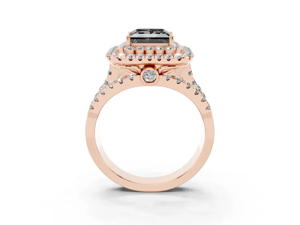 Fancy Black Princess Cut Diamond Double Halo Ring with Round Pavé Split Shank and Prong Setting Rose gold