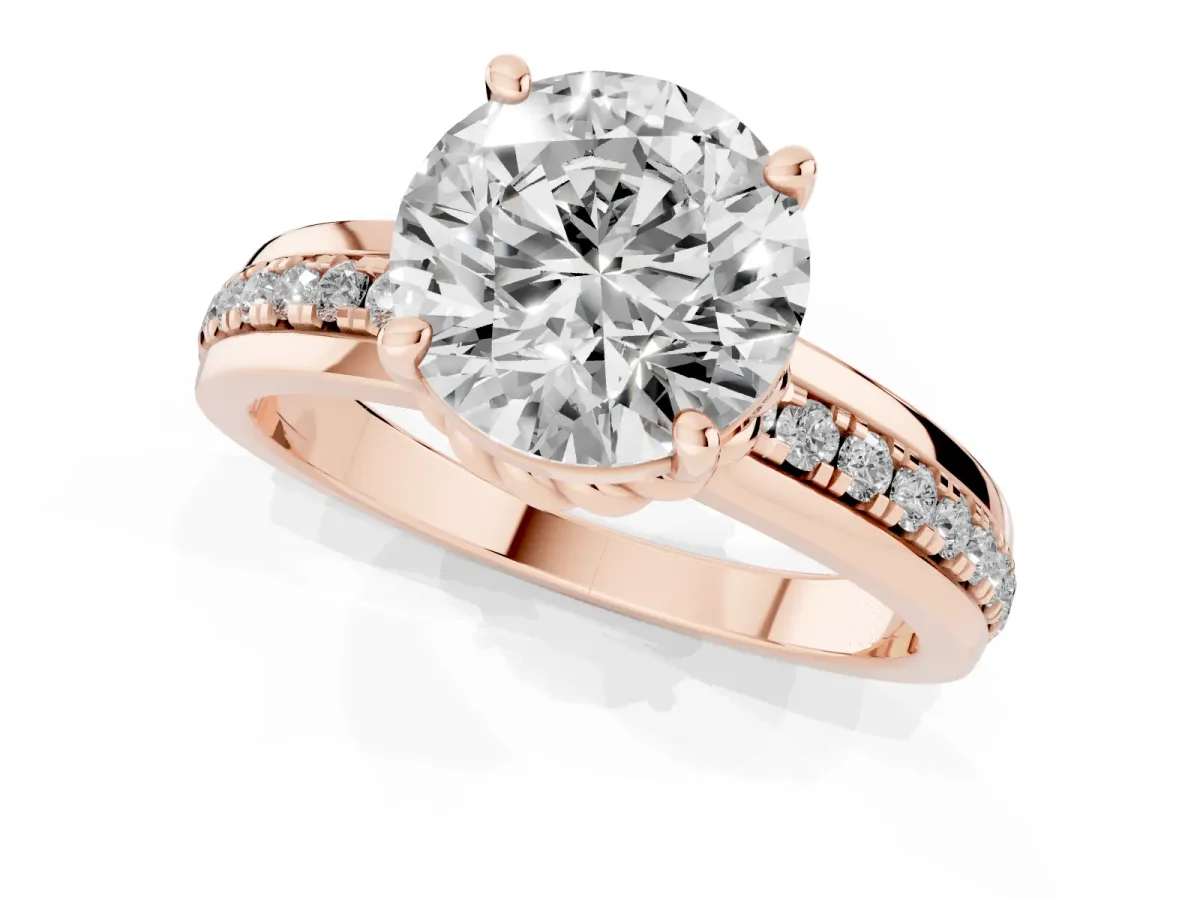 Round Cut Solitaire Diamond Ring with Channel Set Band and Six-Prong Setting Rose gold