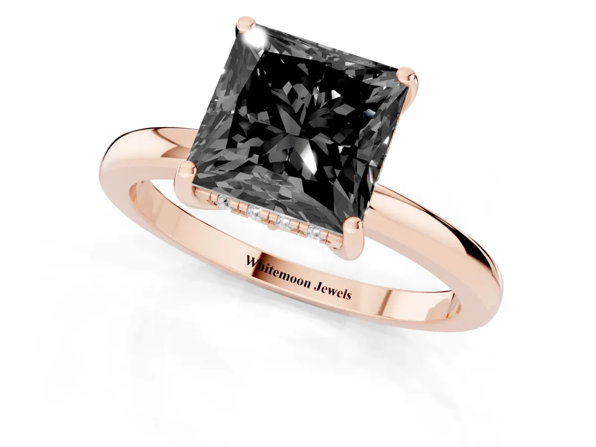 Fancy Black Princess Cut Solitaire Diamond Ring with Prong Setting and Plain Band Rose gold