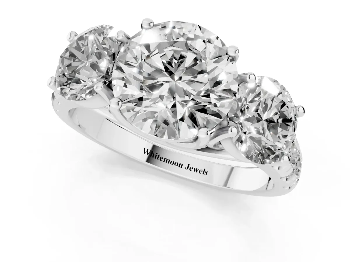Three-Stone Round Cut Diamond Pavé Band with Prong Setting Silver