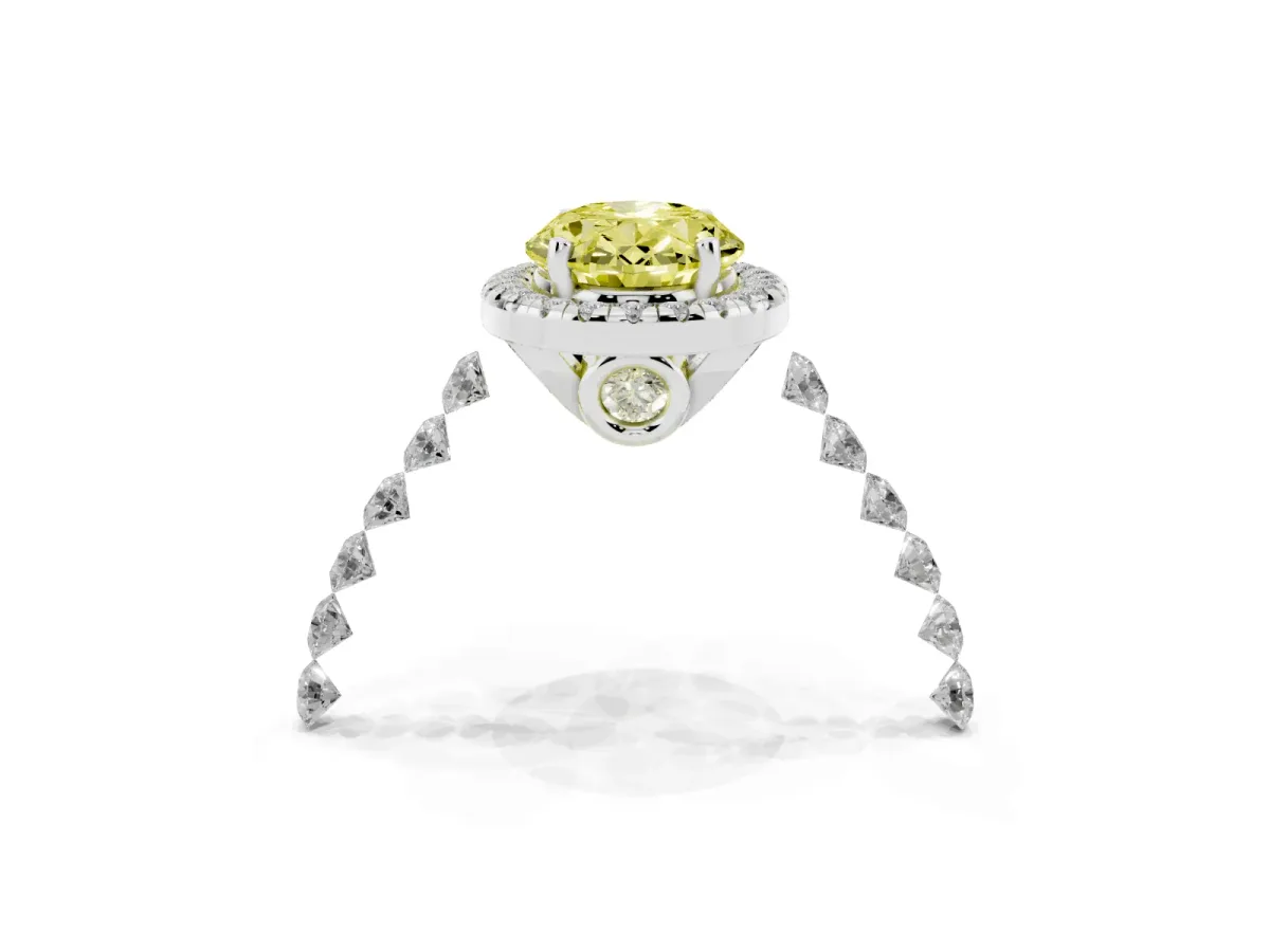 Fancy Yellow Oval Cut Halo Pavé Diamond Engagement Ring with Four-Prong Setting White gold