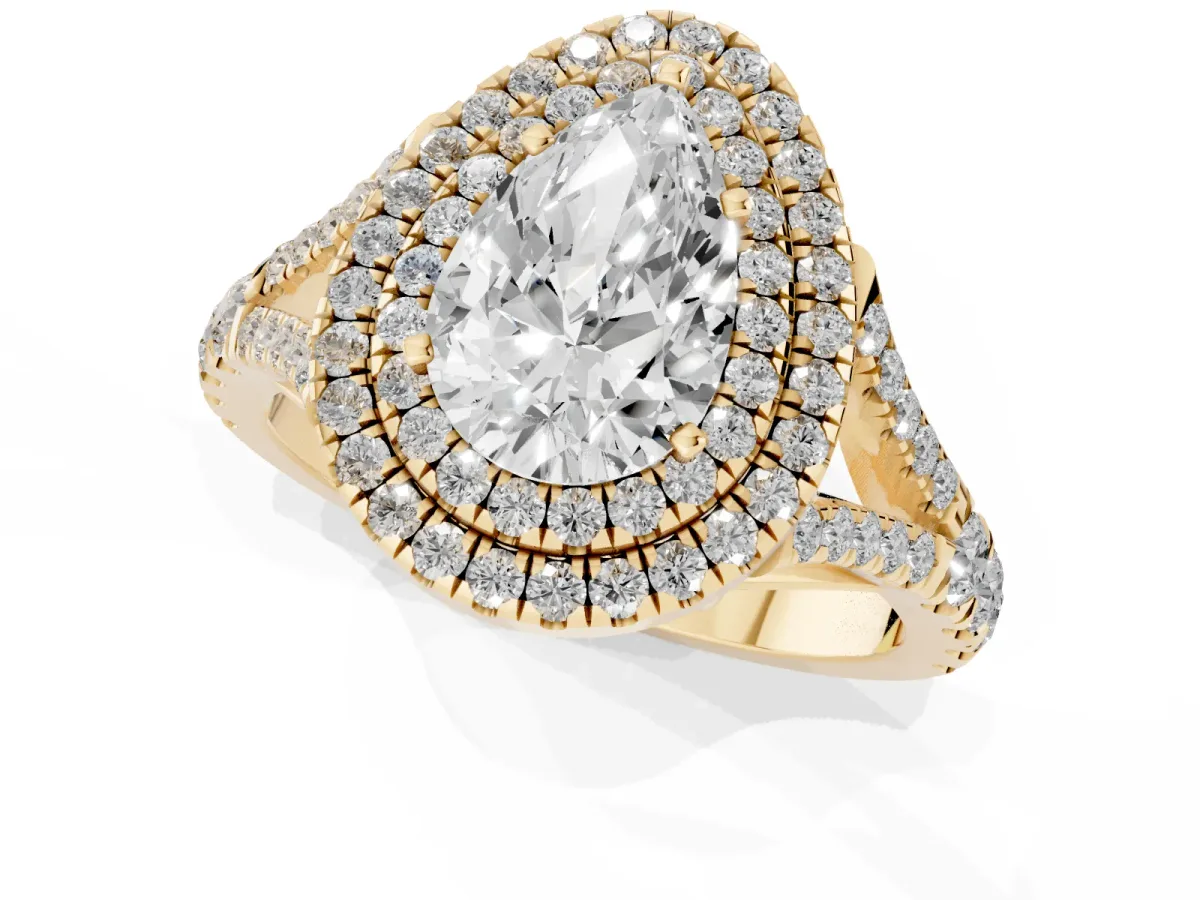 Pear Cut Diamond Pavé Split Shank Double Halo Engagement Ring Yellow gold