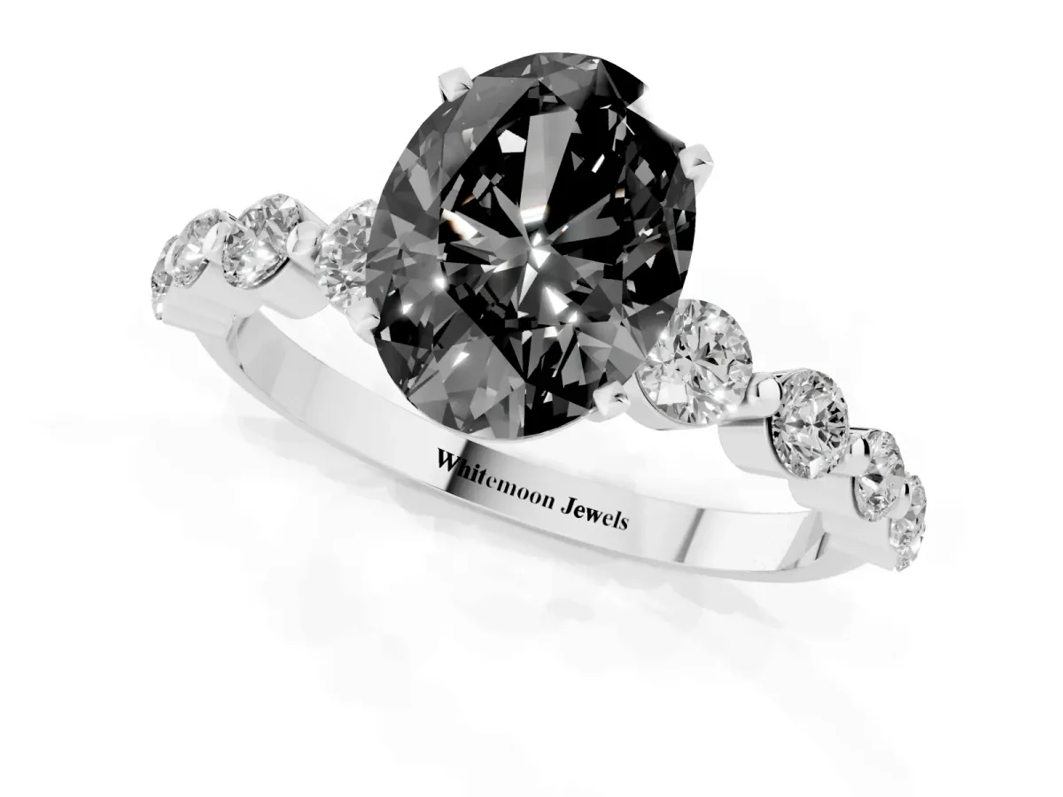 Fancy Black Oval Cut Solitaire Diamond Ring with Pave Band and Four-Prong Setting Silver
