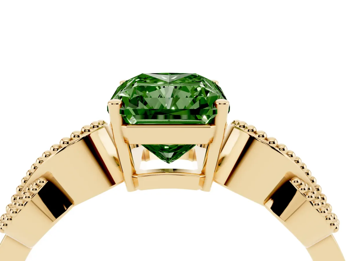 Fancy Green Princess Cut Solitaire Milgrain Leaf Band with Prong Setting Yellow gold