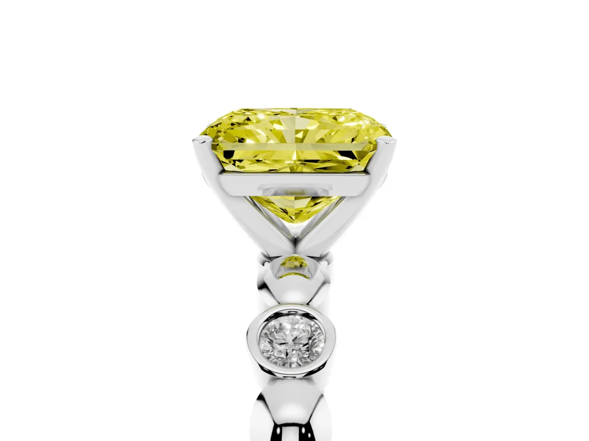 Fancy Yellow Radiant Cut Solitaire Bezel-Set Diamond Ring with Beaded Band and Four-Prong Setting Silver