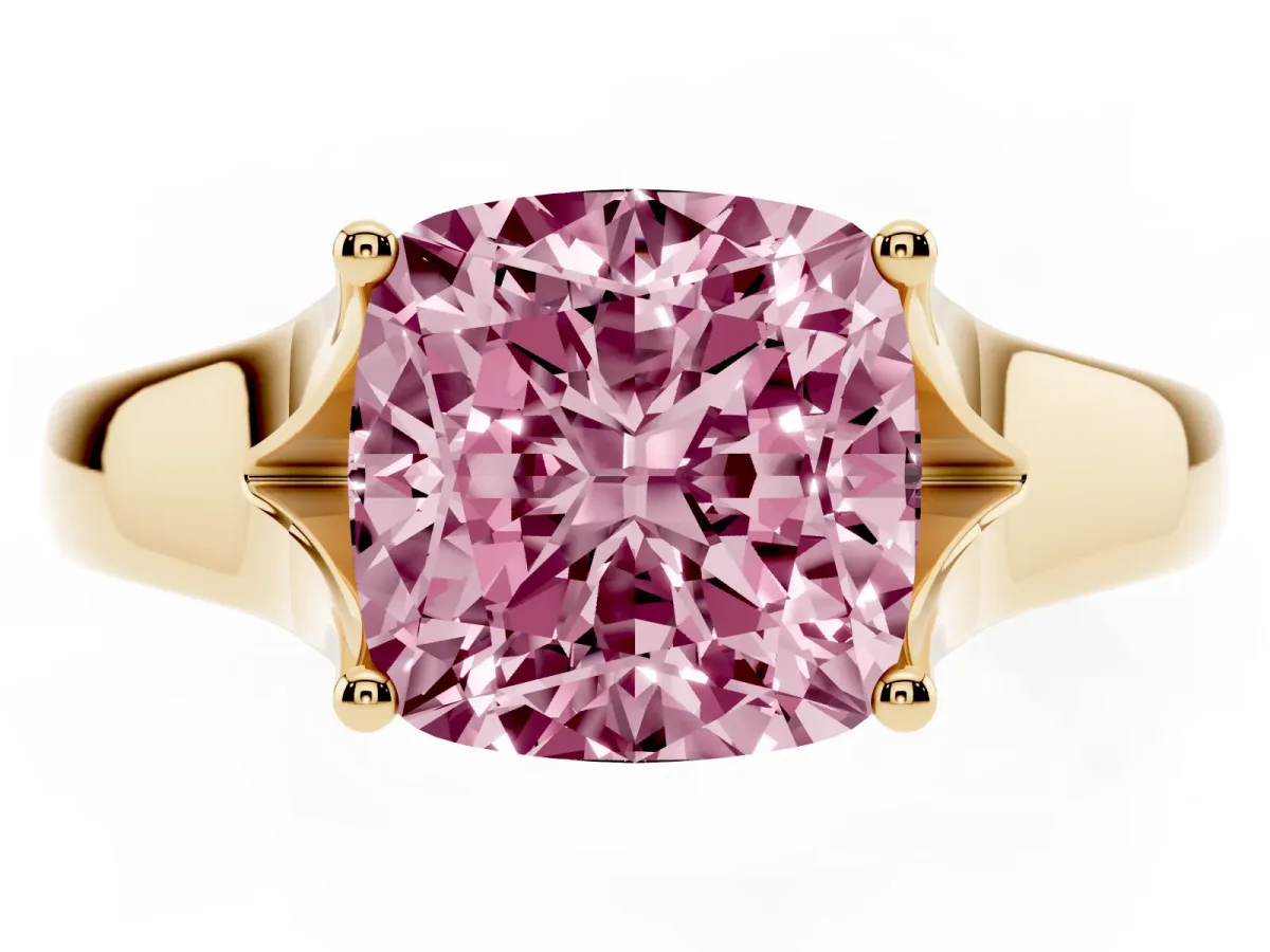Fancy Pink Cushion Cut Solitaire Diamond Ring with Cathedral Band and Four-Prong Setting Yellow gold