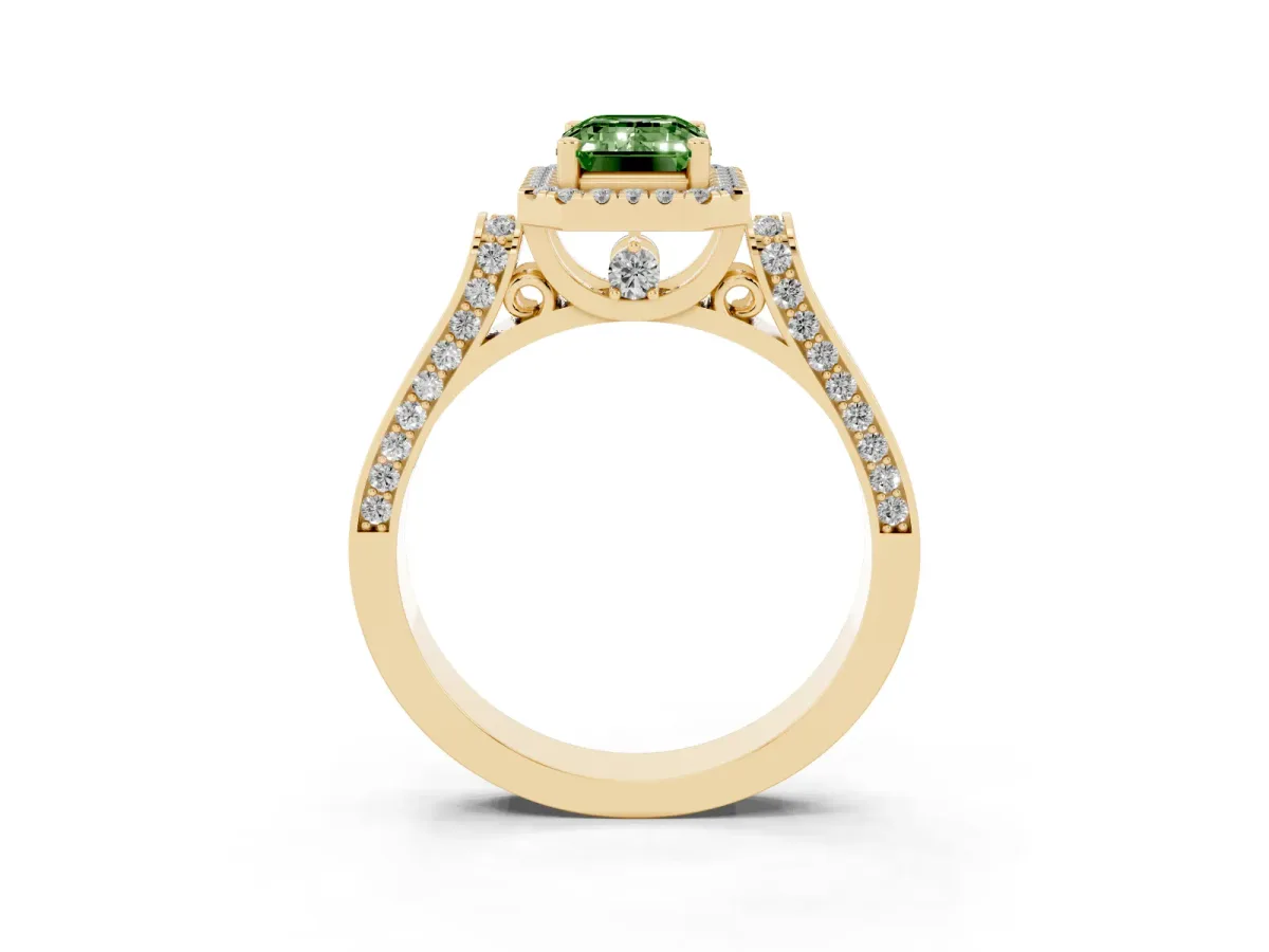 Fancy Green Emerald Cut Halo Pave Split Shank Prong Setting Ring Yellow gold