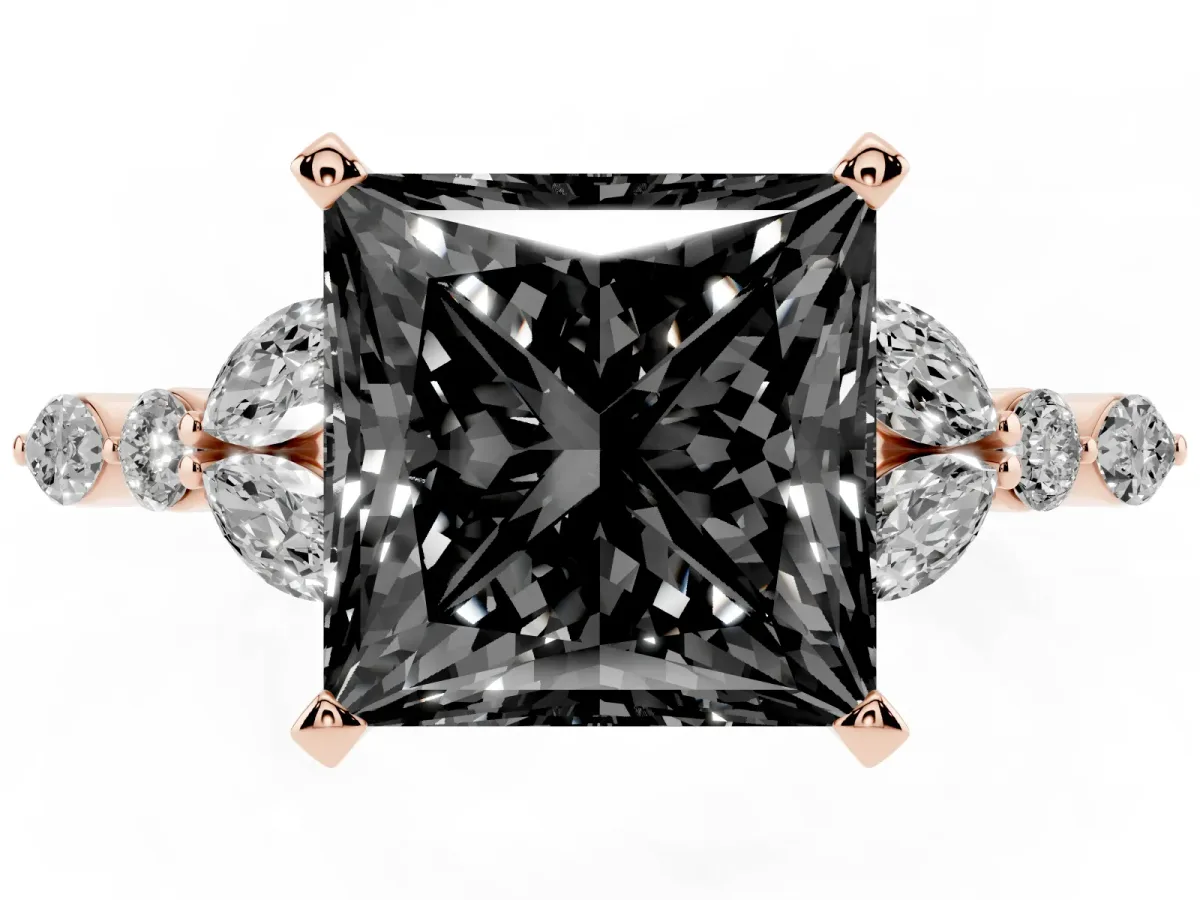 Fancy Black Princess Cut Diamond Solitaire Ring with Side Stones and Four-Prong Setting Rose gold
