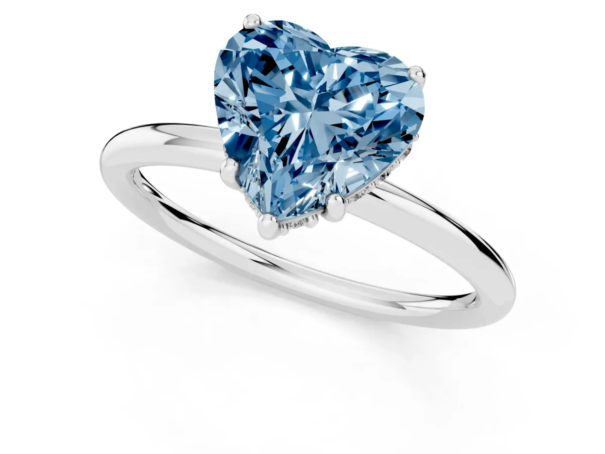 Fancy Blue Heart Cut Solitaire Diamond Ring with a Classic Band and Four-Prong Setting Silver