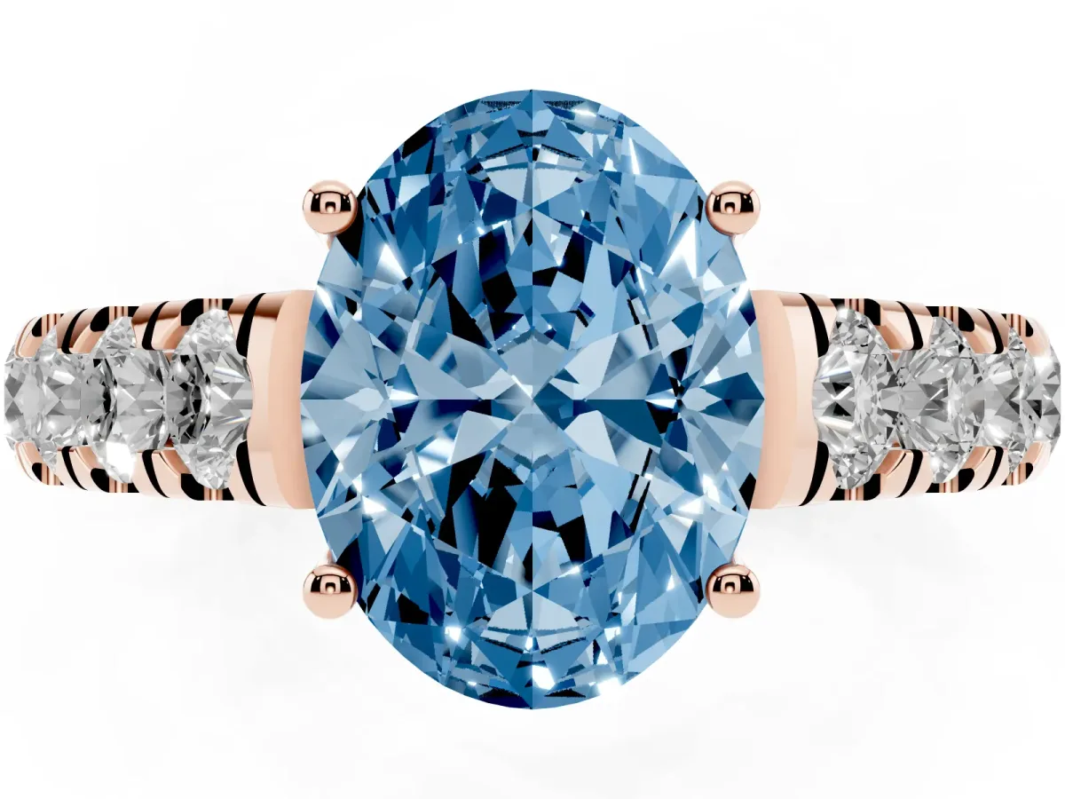Fancy Blue Oval Cut Cut Diamond Solitaire Ring with Micro Pave Band and Prong Setting Rose gold