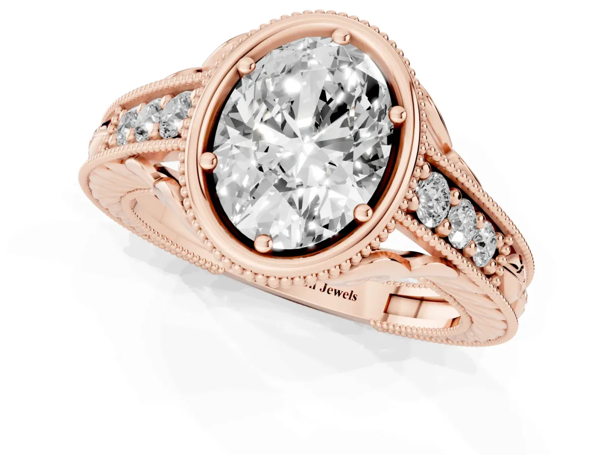 Bezel Set Oval Cut Diamond Milgrain Pave Engagement Ring Rose gold
