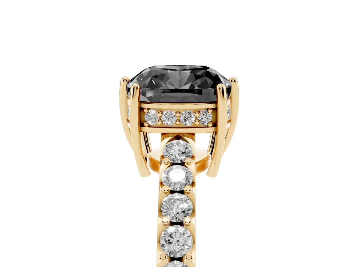 Fancy Black Cushion Cut Solitaire Diamond Engagement Ring with Pavé Band and Six-Prong Setting Yellow gold