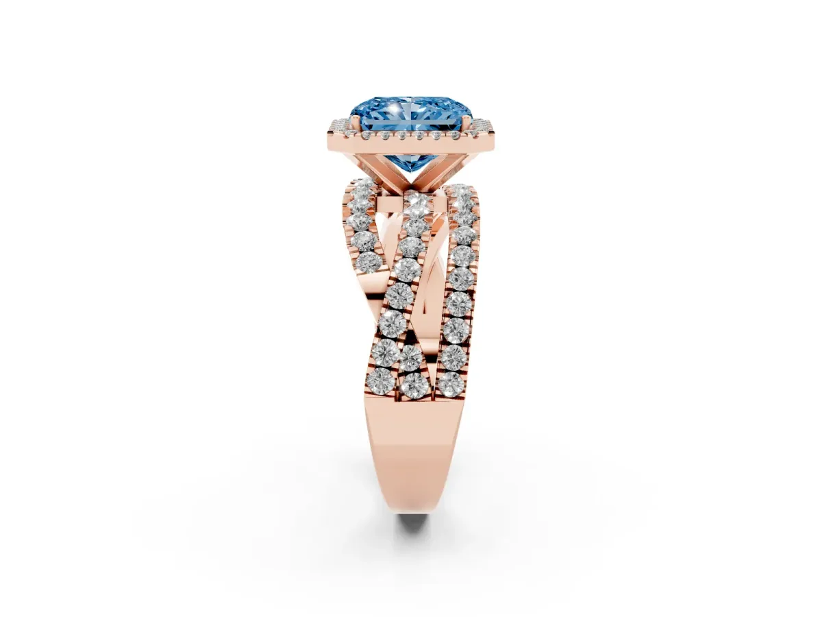 Fancy Blue Radiant Cut Diamond Halo Ring with Round Split Shank and Prong Setting Rose gold