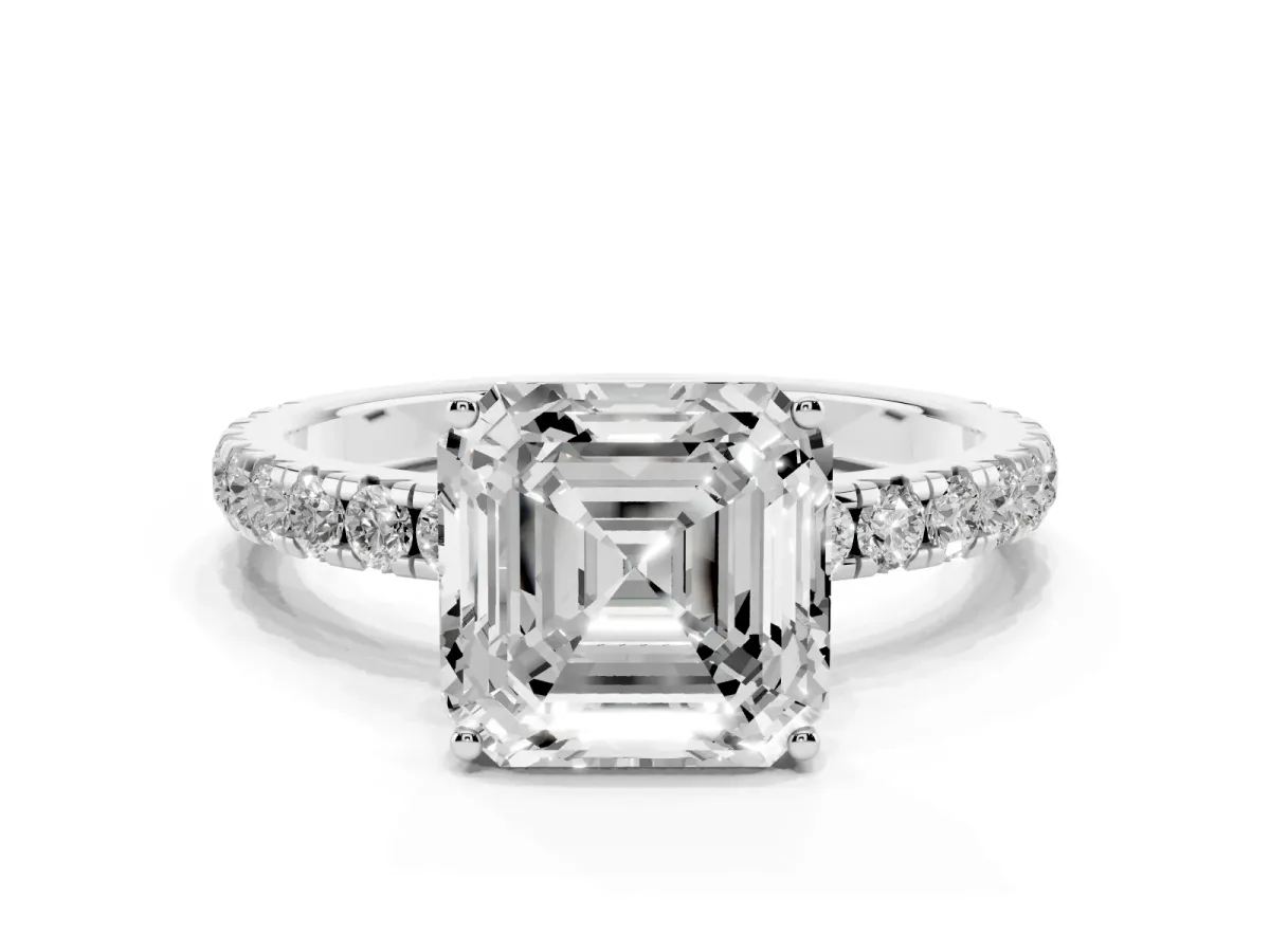 Asscher Cut Diamond Pavé Solitaire Engagement Ring with Four-Prong Setting Silver
