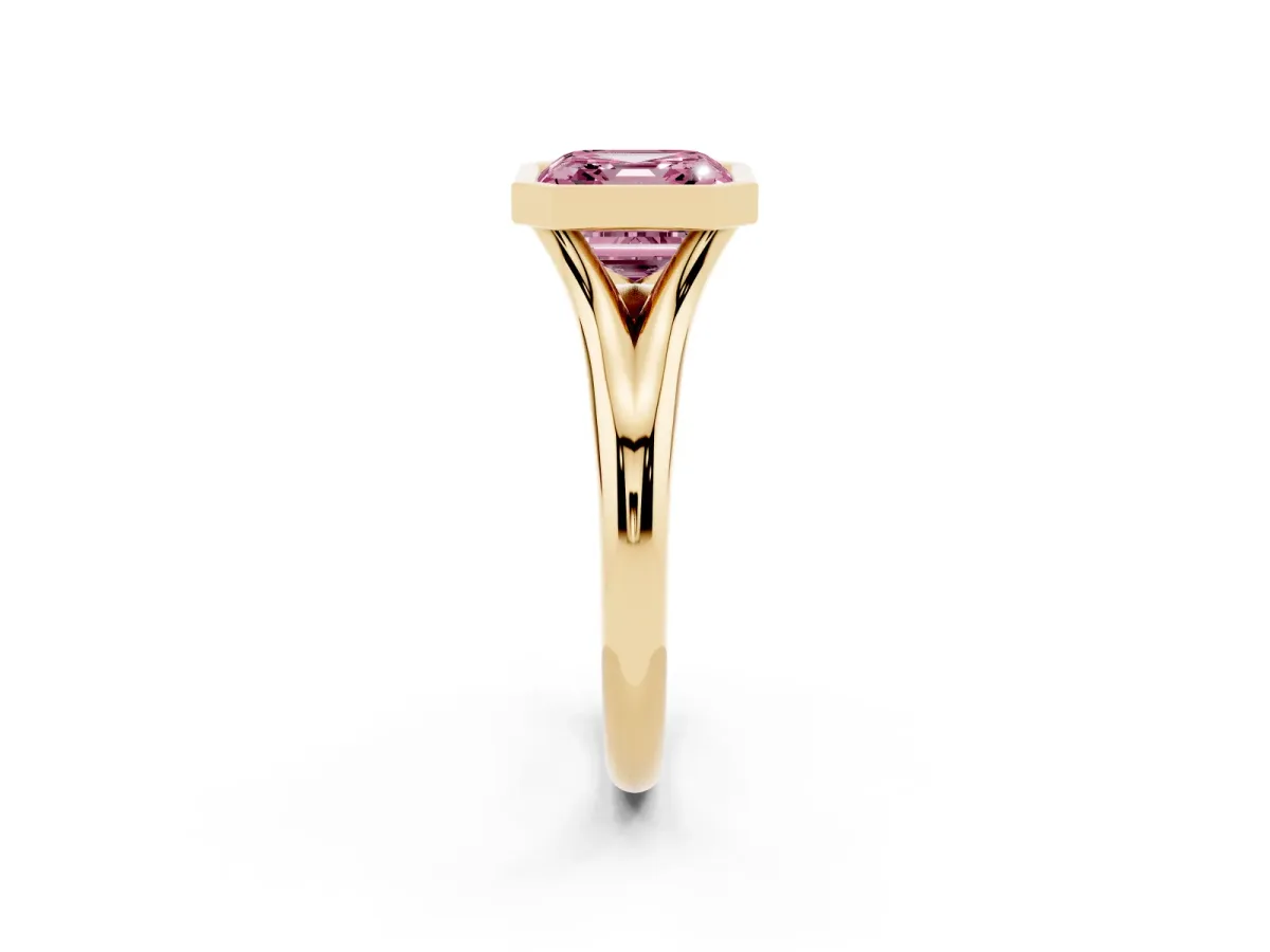 Fancy Pink Bezel Set Asscher Cut Solitaire Diamond Ring with Smooth Band Yellow gold