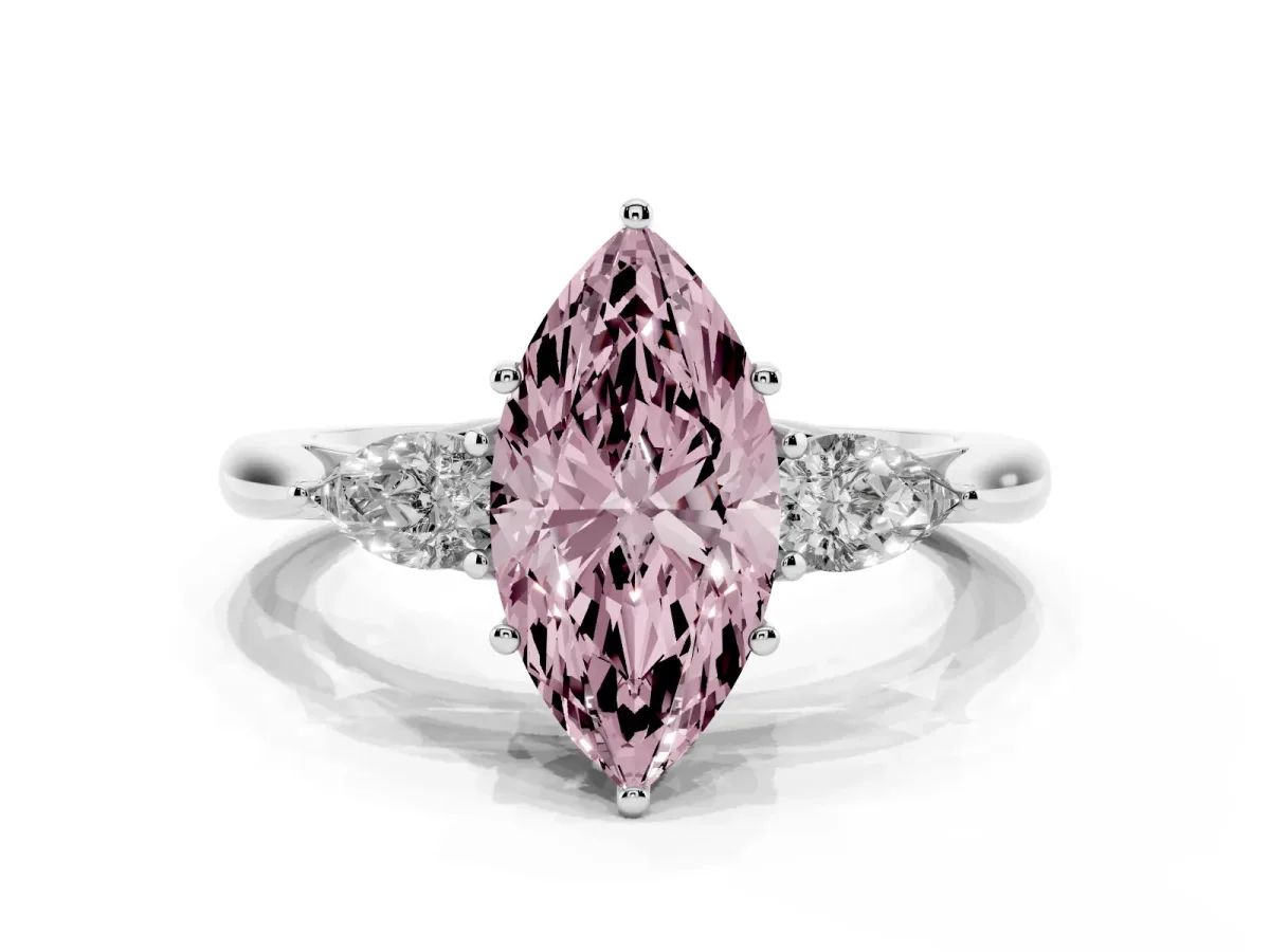 Fancy Pink Marquise Cut Diamond Three-Stone Ring with Pear Side Stones and Prong Setting Silver