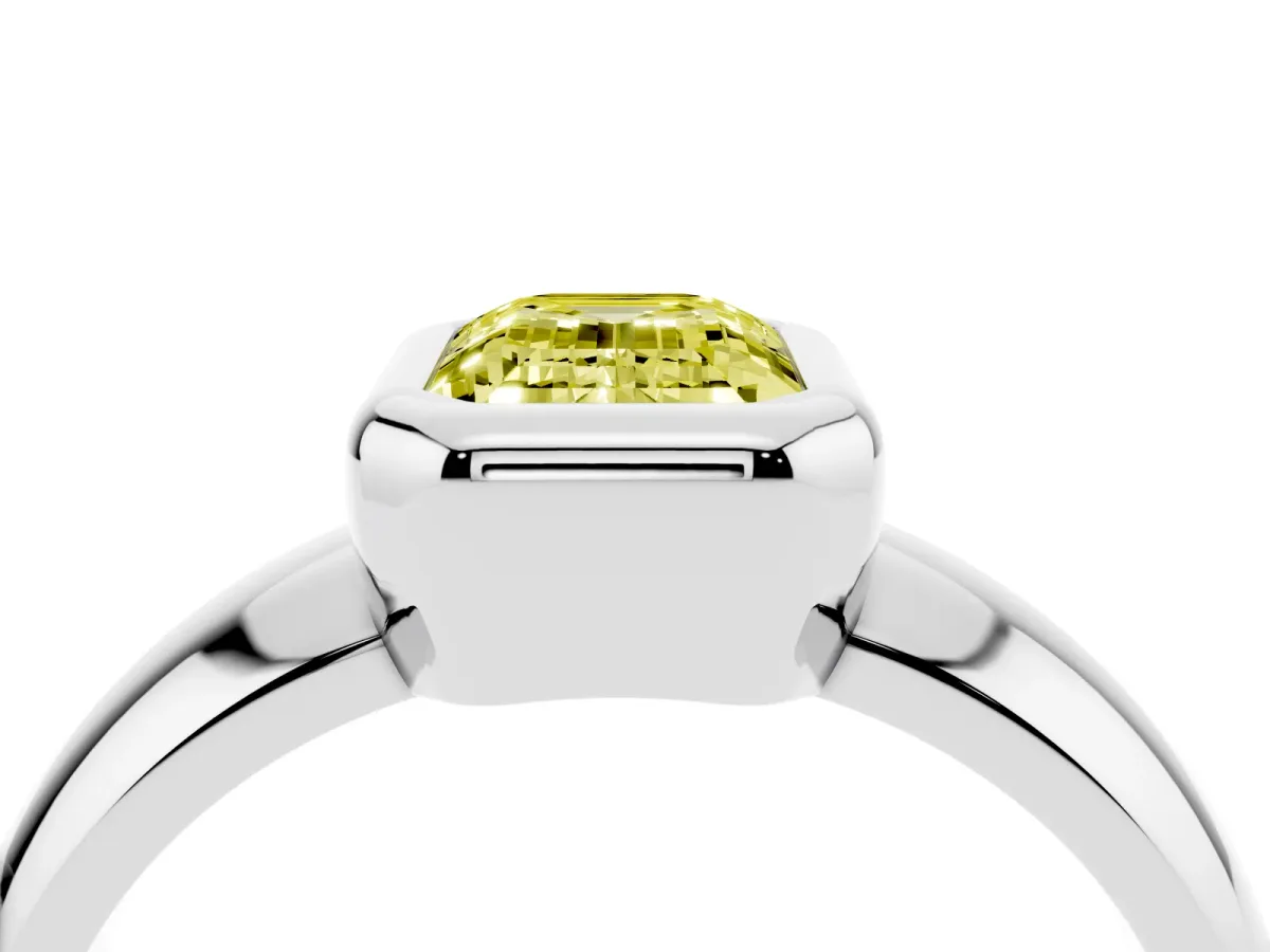 Fancy Yellow Bezel Set Emerald Cut Solitaire Ring with Wide Band White gold
